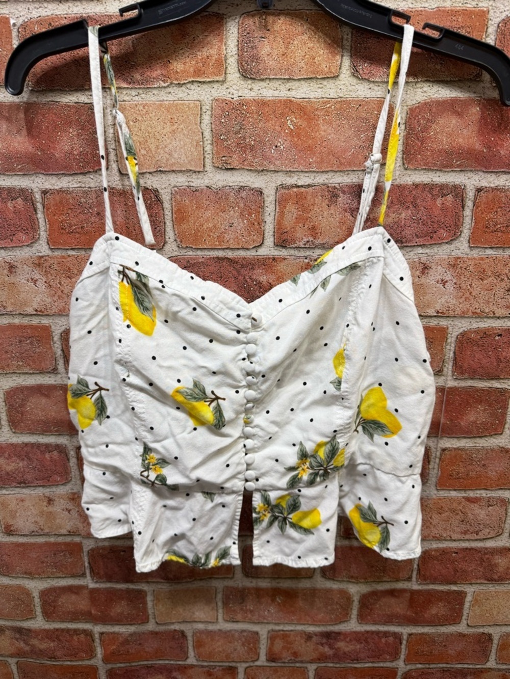 White Lemon black polka dot Print spaghetti strap retro look button Front Cami